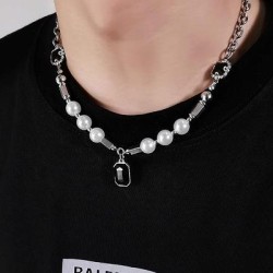 Helloice Cadena de acero inoxidable con perlas de zafiro negro