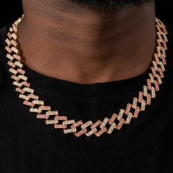 Helloice Cadena cubana con puntas blancas y rosas de 14 mm en oro