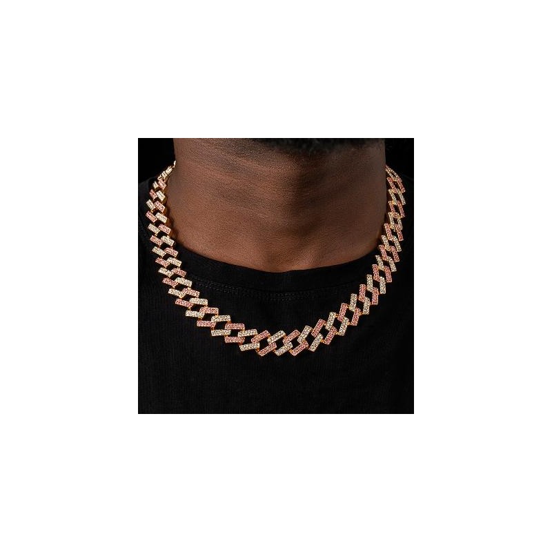 Helloice Cadena cubana con puntas blancas y rosas de 14 mm en oro