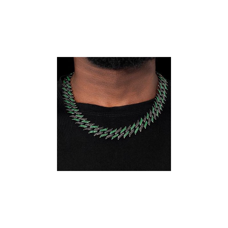 Helloice Cadena cubana con púas negras y esmeralda helada de 18 mm en oro negro