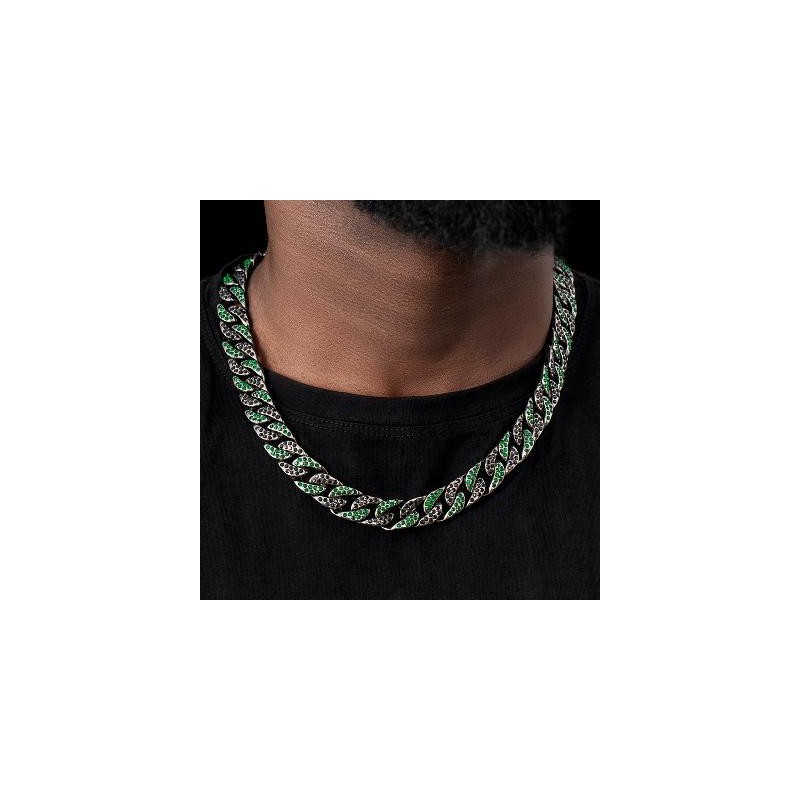 Helloice Cadena cubana negra y esmeralda helada de 13 mm en oro negro