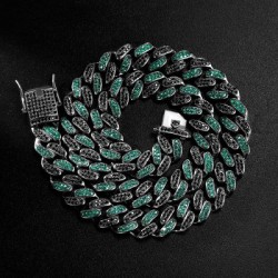 Helloice Cadena cubana con piedras negras y esmeraldas en forma de auricular de 12 mm en oro negro