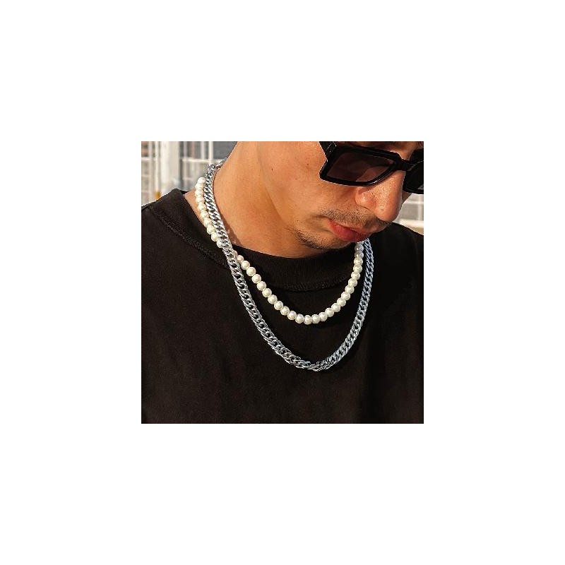 Helloice Collar de cadena cubana y doble capa de perlas
