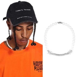 Helloice Collar de cadena cubana de perla y acero «M»