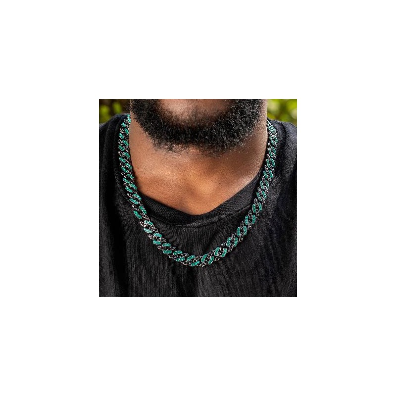 Helloice Cadena cubana con piedras negras y esmeraldas de 11 mm en oro negro