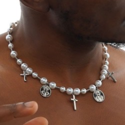 Helloice Collar Cruz Cristiana y Perlas Virgen María