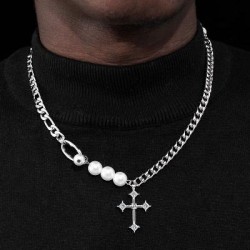 Helloice Collar de cadena de acero y perlas con cruz helada