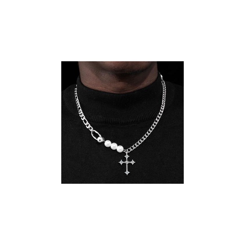 Helloice Collar de cadena de acero y perlas con cruz helada