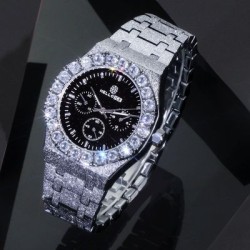 Helloice Reloj Redondo de Caballero con Corte Diamante y Esfera de Purpurina Negra