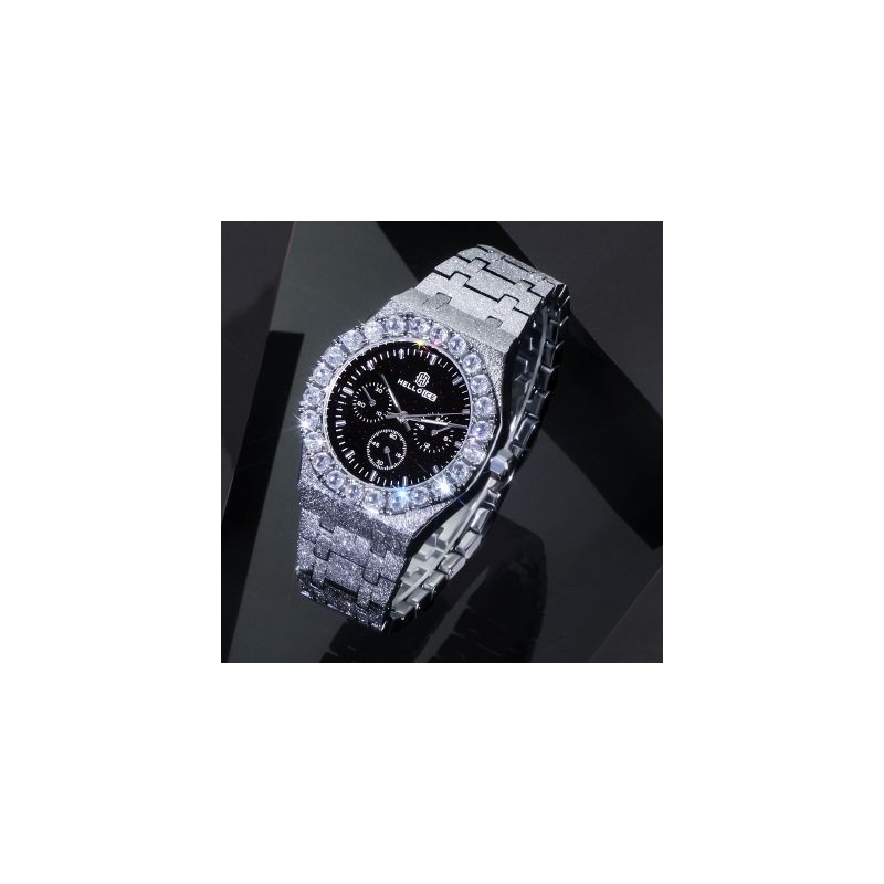 Helloice Reloj Redondo de Caballero con Corte Diamante y Esfera de Purpurina Negra