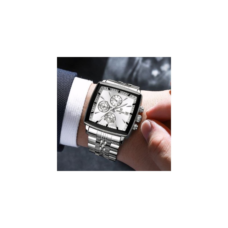 Helloice Reloj cuadrado para hombre con correa de acero y calendario luminoso resistente al agua