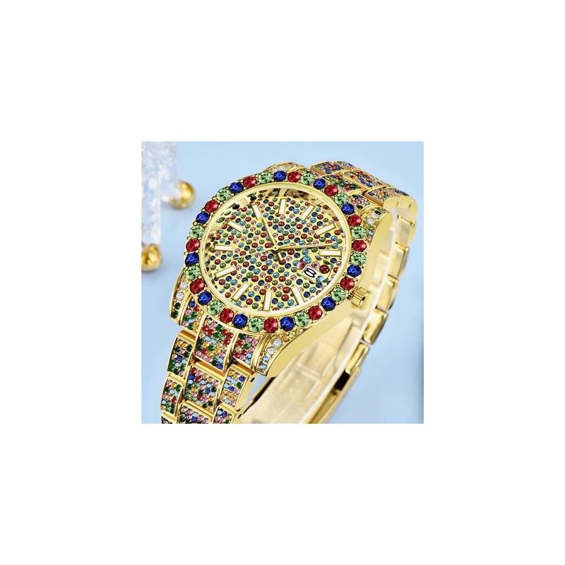 Helloice Reloj de cuarzo multicolor Full Iced para hombre