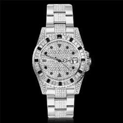 Helloice Reloj con bisel giratorio Iced Black Stones en oro blanco