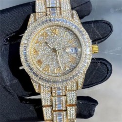 Helloice Reloj de Números Romanos de Oro con Diamantes de Corte Baguette para Hombre