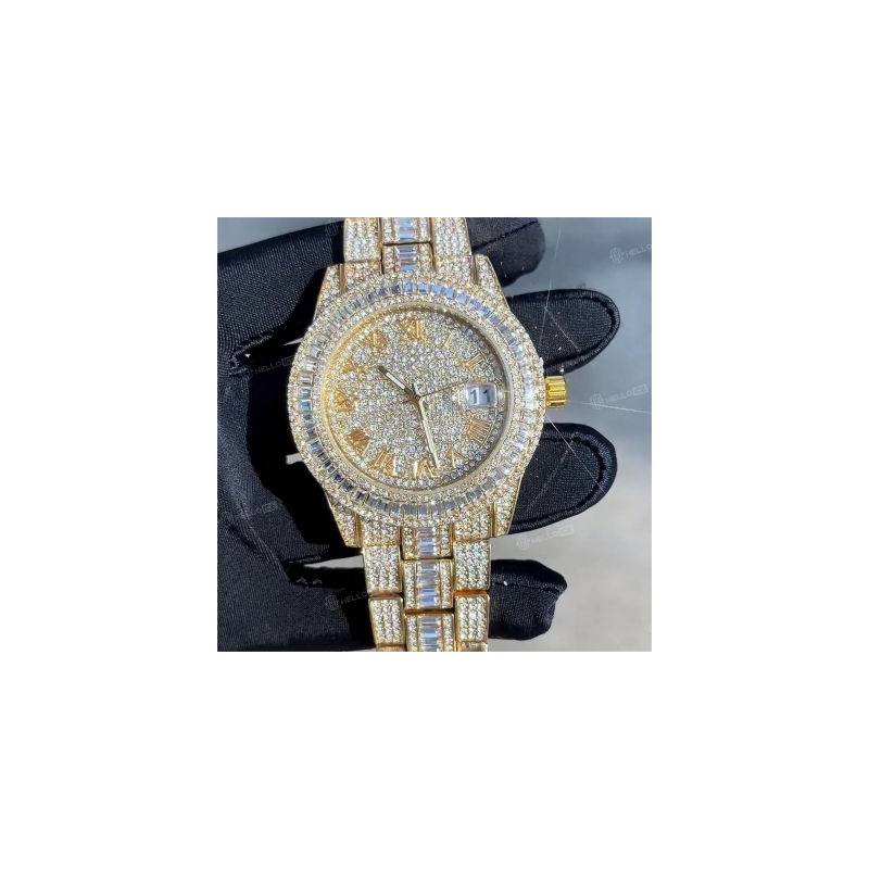 Helloice Reloj de Números Romanos de Oro con Diamantes de Corte Baguette para Hombre