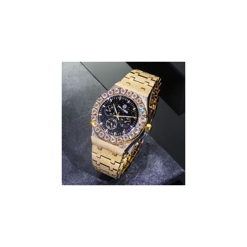 Helloice Reloj Redondo Diamantes Esfera Blanca Glitter Negro