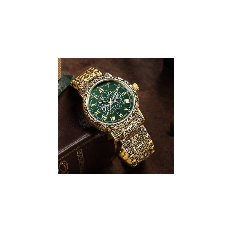 Helloice Reloj retro para hombre con esfera de números romanos y calendario de flores