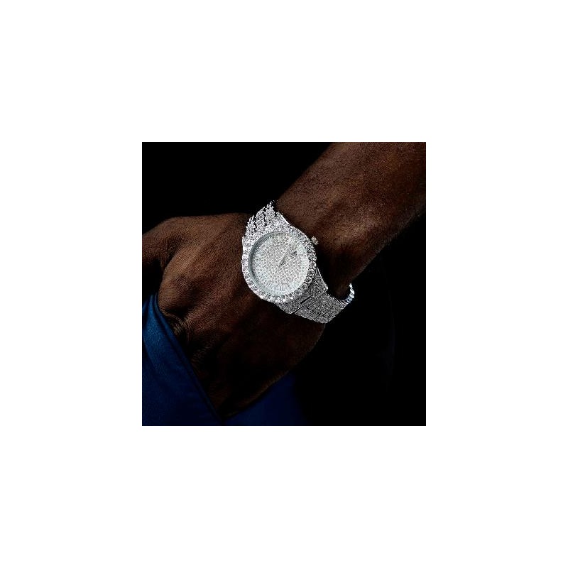 Helloice Reloj para hombre con números romanos helados en oro blanco