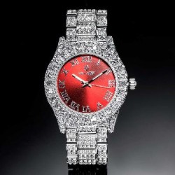 Helloice Reloj de Hombre de Esfera Roja con Números Romanos de Plata con Diamantes