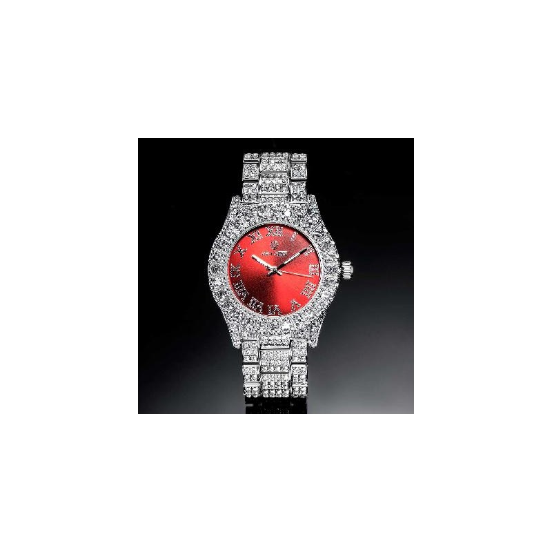 Helloice Reloj de Hombre de Esfera Roja con Números Romanos de Plata con Diamantes