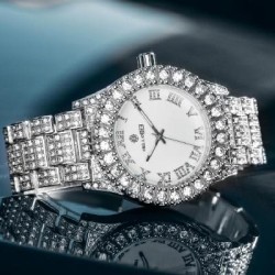 Helloice Reloj para hombre con esfera blanca y números romanos helados en oro blanco