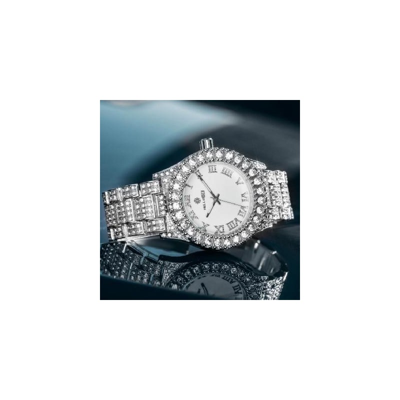 Helloice Reloj para hombre con esfera blanca y números romanos helados en oro blanco