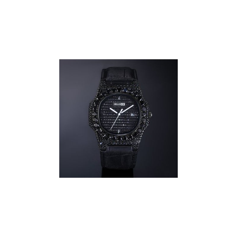 Helloice Reloj Iced Black Stones en Oro Negro con Correa de Piel