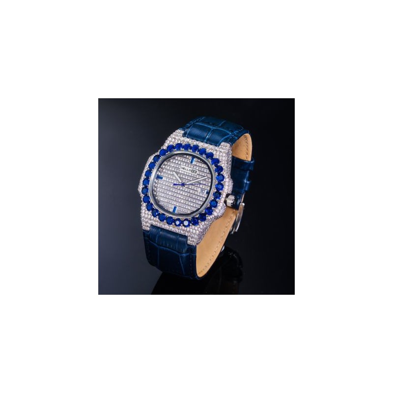 Helloice Reloj Iced Sapphire Stones en oro blanco con correa de piel