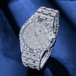Helloice Reloj con Números Luminosos de Corte Redondo de Diamantes para Hombre en Oro Blanco