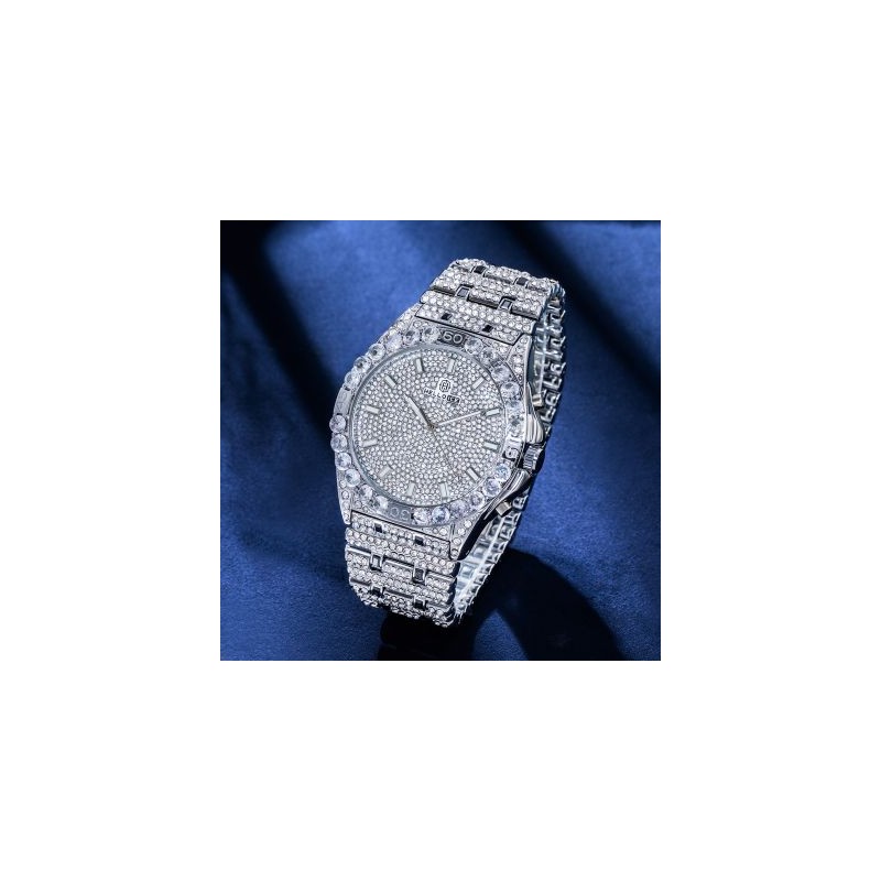 Helloice Reloj con Números Luminosos de Corte Redondo de Diamantes para Hombre en Oro Blanco