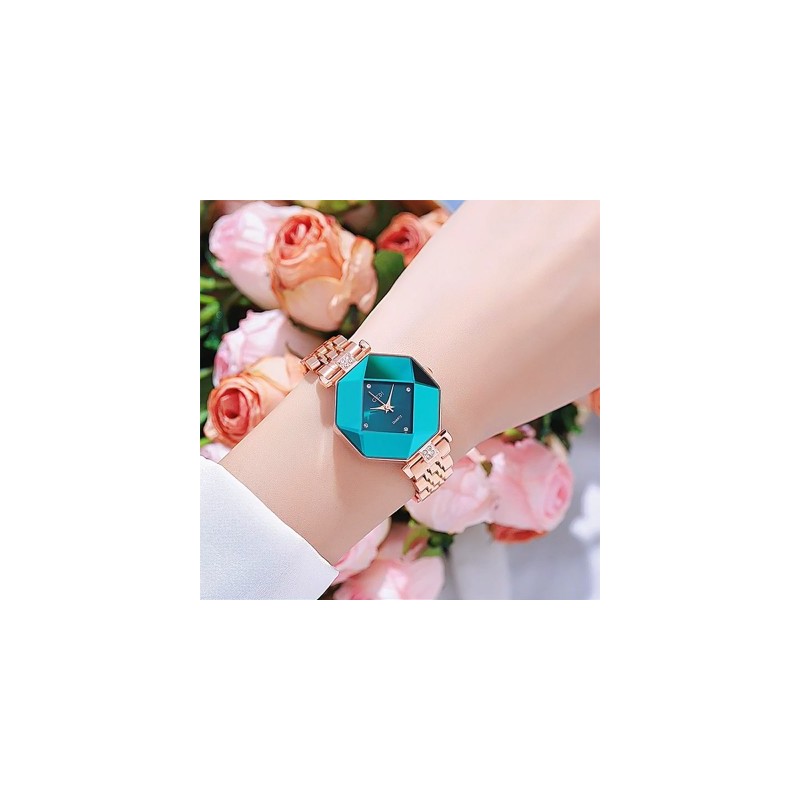 Helloice Reloj de cuarzo para mujer con esfera de diamantes verdes