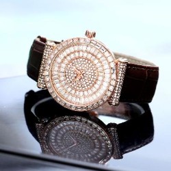 Helloice Reloj con esfera de talla baguette y correa de cuero genuino en oro rosa