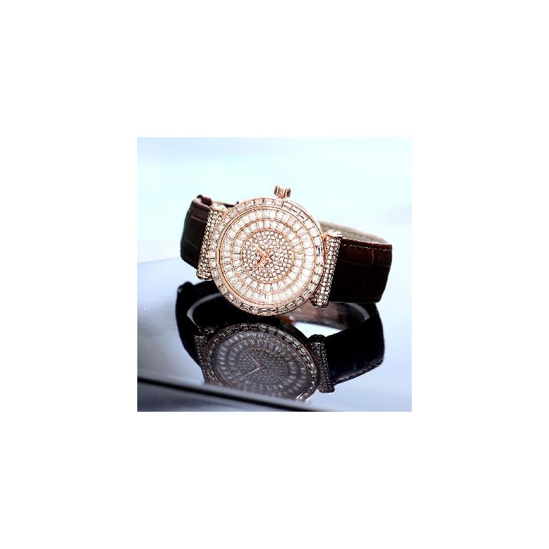 Helloice Reloj con esfera de talla baguette y correa de cuero genuino en oro rosa